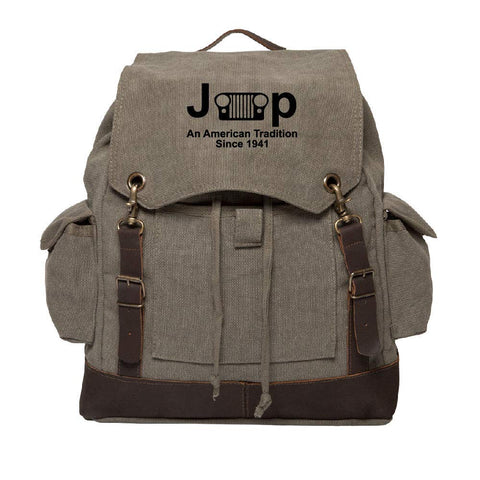 Jeep An American Tradition Rucksack Backpack Bag Leather Straps Olive & Black